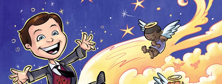 Children's book illustrations of a young colorful boy