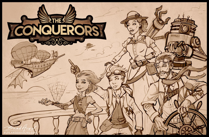 Steampunk family character design and robots
