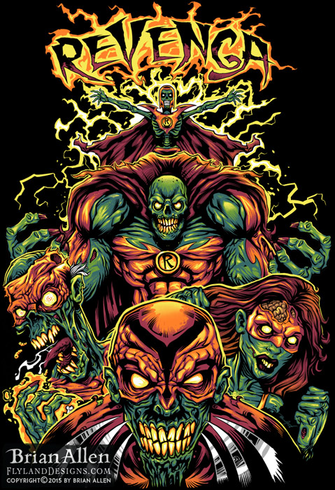 Laser-engraved skateboard design of a team of zombie superheroes