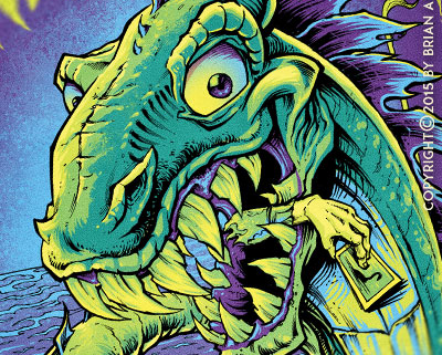 Silk-screen poster illustration of a happy Loch Ness Monster smiling with cameras around his neck.