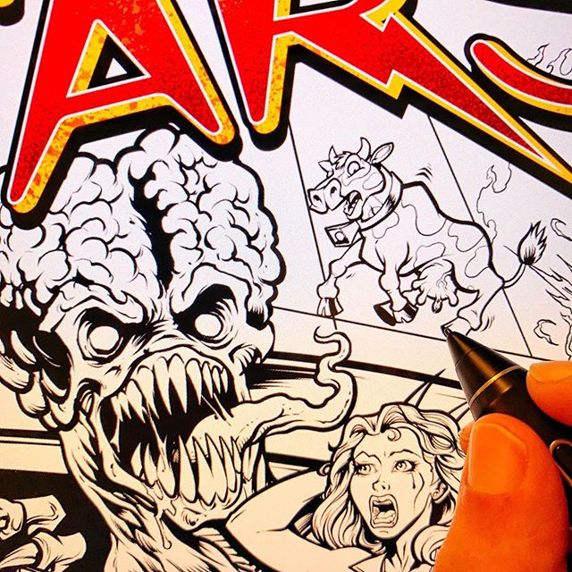 WIP - inking a personal pinball project that I'm really excited about. Trying to get it ready in time for Pinball Expo in Chicago in October. More to come!#inkwip #digitalink #alienart #attackfrommars #pinballart #pinballartwork #pinball #pinballmachine #playfield #backglass
