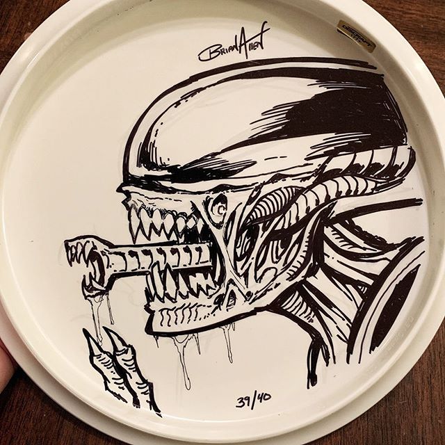 Giger Alien drone I drew with sharpie on the back of one of my Alien foil disc golf discs while watching Alien for the 30th time. Remarkable how it still holds up after so many decades.#alienqueen #alien #Buzzzdisc #discgolf #Discrafthttps://www.flylanddesigns.com/product-category/disc-golf-discs/