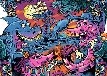 Shrimp, shark, tiki heads, turtl