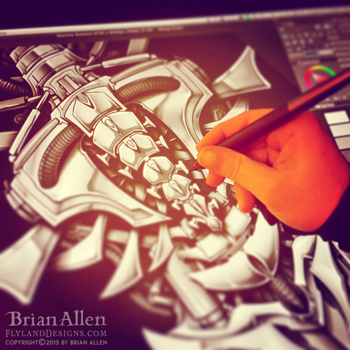 Mechanized metal skeleton illustration for dye-sublimated wrestling singlets.