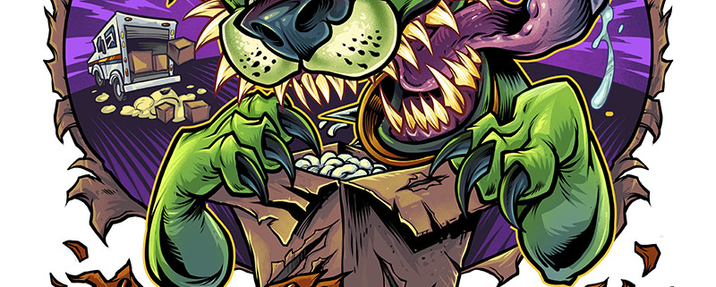 Crazy green dog ripping into box
