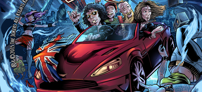 Album cover illustration of The Jokers in a hurricane and rock and roll.