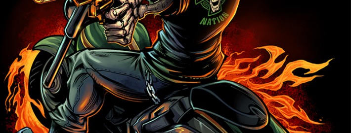 T-Shirt illustration of a skeleton riding a motorcycle through flames holding a gun