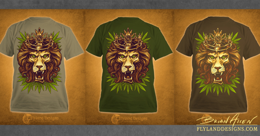T-Shirt design of an illustrated lion wearing a crown of amber colored wax.