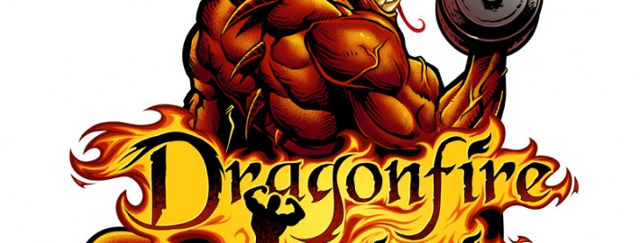 Custom logo design of a red muscle dragon lifting weights