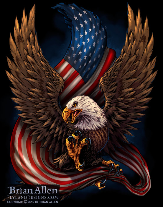 Patriotic illustration of an eagle and flag t-shirt design.