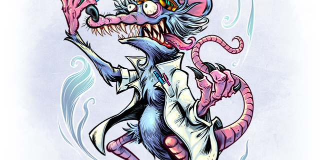 Creepy lab rat mascot wearing a