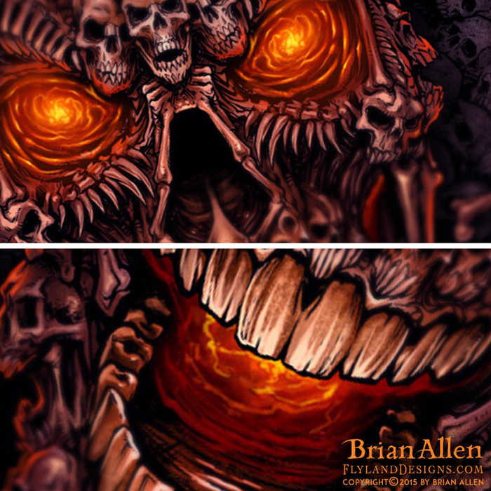 Giant skull made of smaller skulls illustration for dye-sublimated wrestling singlets.