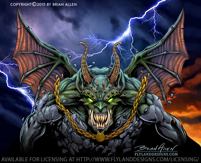 Gargoyle graphic in stormy sky for vehicle wraps.