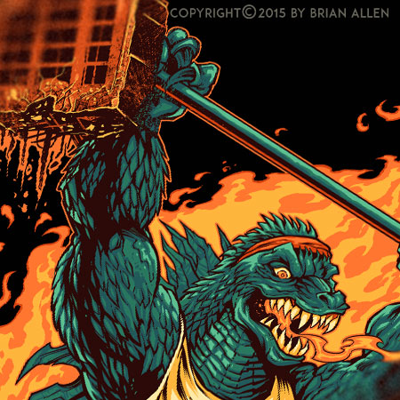 Godzilla lifting weights in a de