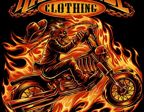 T-Shirt illustration of a skeleton on fire riding a chopper motorcycle