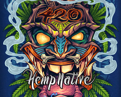 Tiki head t-shirt illustration with marijuana leaves and pot smoke