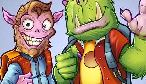 Colorful illustration of two monsters as high school students with backpacks