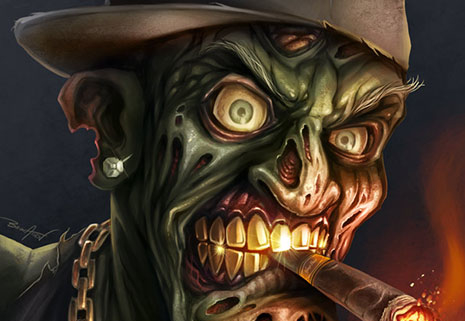 Gangster hip-hop zombie digital painting smoking a cigar