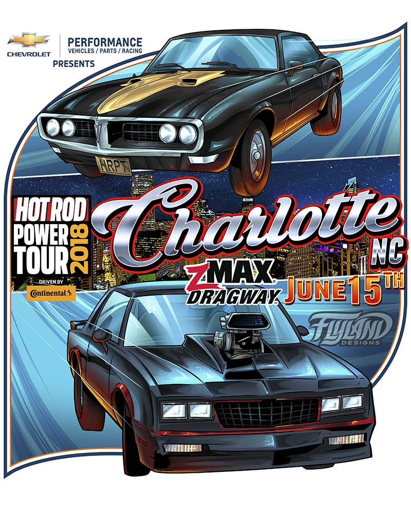 Two Hot rod cars with a city in