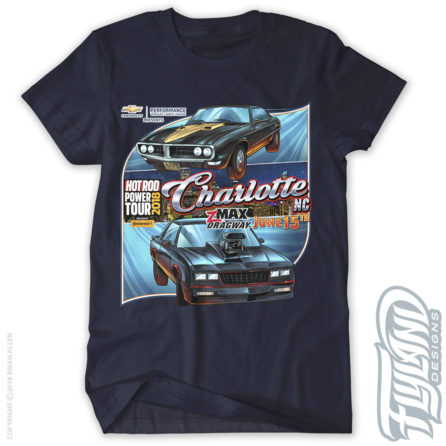 Two Hot rod cars with a city in