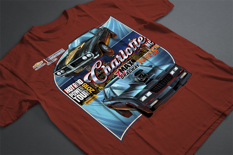 Two Hot rod cars with a city in