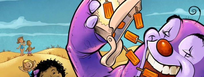 Children's book illustration of a clown elephant creature eating creamsicles