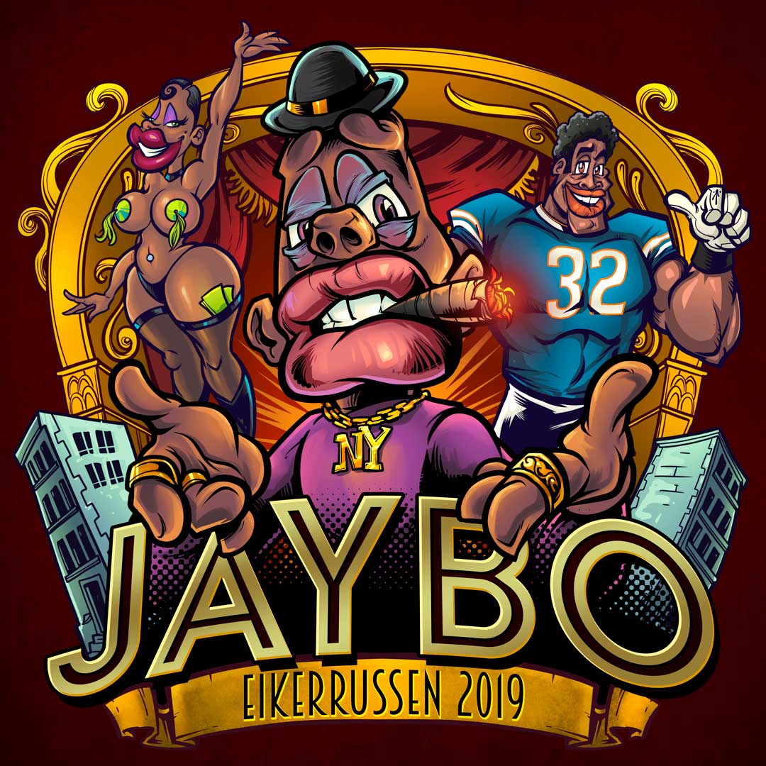 Jaybo character stands in front