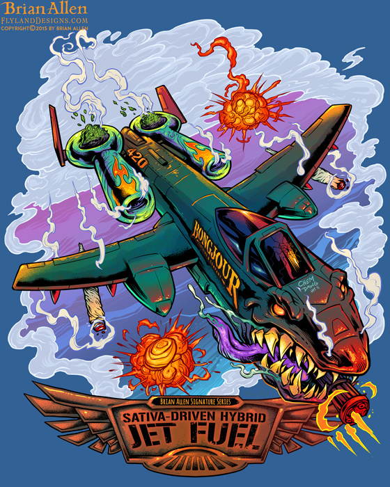 T-Shirt of a A-10 Thunderbolt warplane in a dogfight for Jet Fuel marijuana strain