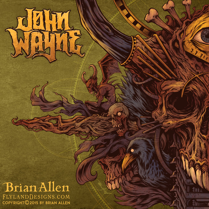 Dark illustration of a skull, crow, and zombie for an album cover