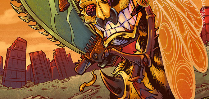 Humorous and dark Illustration of a killer bee with a chainsaw
