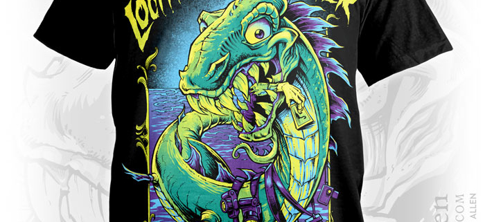 Silk-screen poster illustration of a happy Loch Ness Monster smiling with cameras around his neck.