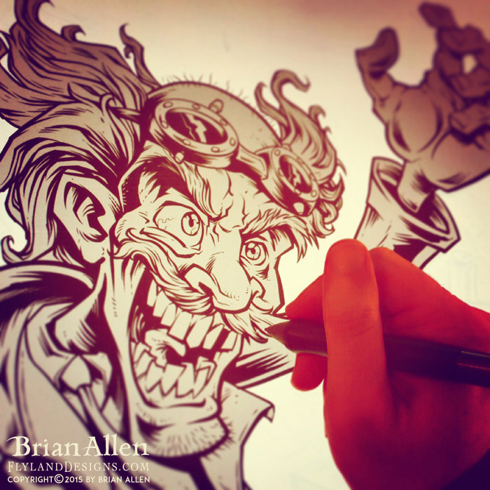 I created this mad scientist character for an auto-repair shop whose specialty is custom built choppers and hotrods. The brand wanted a dark but playful design that illustrated them as a blend of mechanic and mad scientist. I thought it would be cool to show a frankenstein-ed hotrod on the operating table behind the mad scientist, as he raises his creation up to the lightning. This design was created for direct-to-garment printing. To see more of my work, or hire me for freelance projects, please visit my website: www.flylanddesigns.com