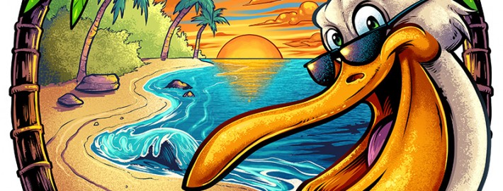 T-Shirt illustration of a Pelican holding a volleyball on the beach