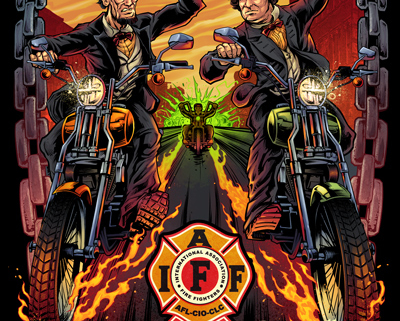 Abraham Lincoln and Douglas riding motorcycles through Ottawa and fighting.