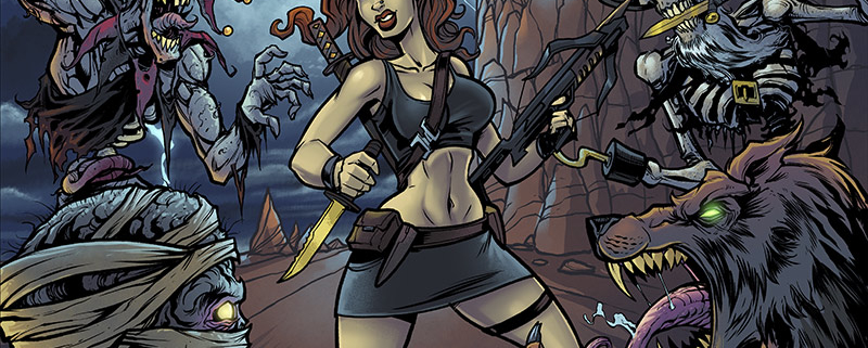Woman holding gun and knife, sur