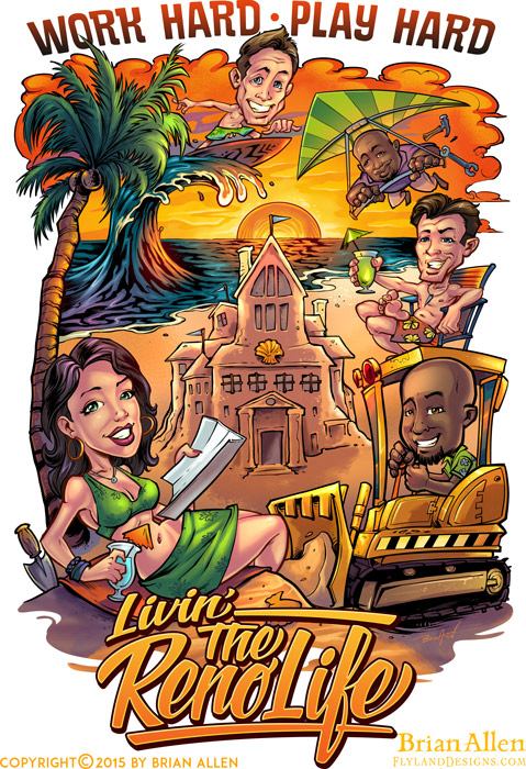 Caricatures of DIY TV celebrities on the beach