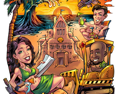 Caricatures of DIY TV celebrities on the beach
