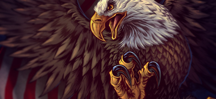 Patriotic illustration of an eagle and flag t-shirt design.