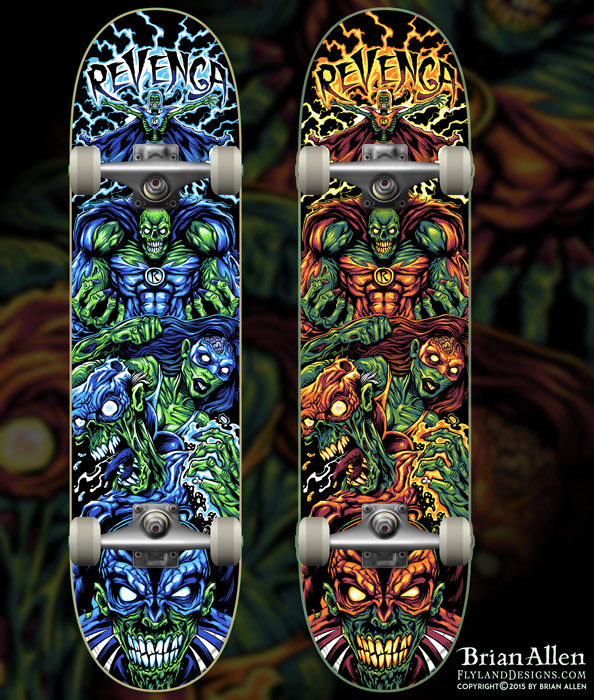 Laser-engraved skateboard design of a team of zombie superheroes