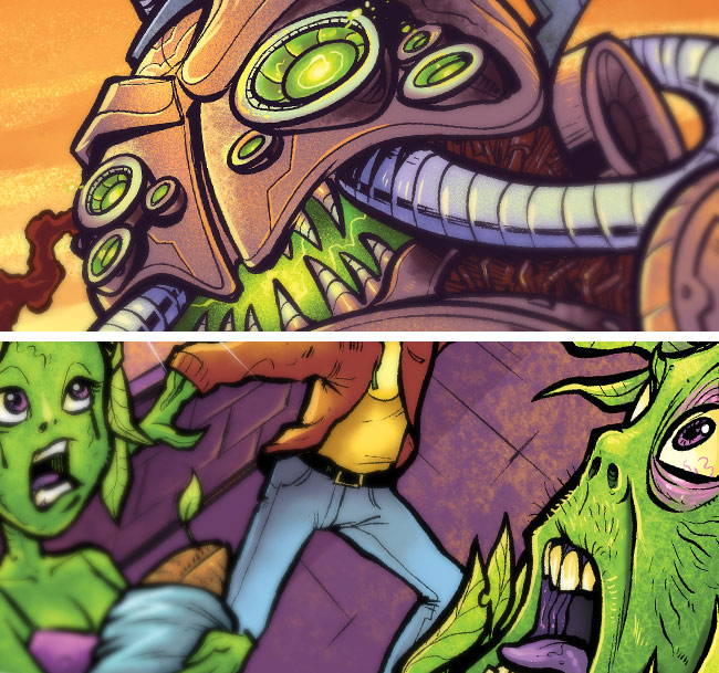 Editorial illustration of a giant robot attacking a city of plant people