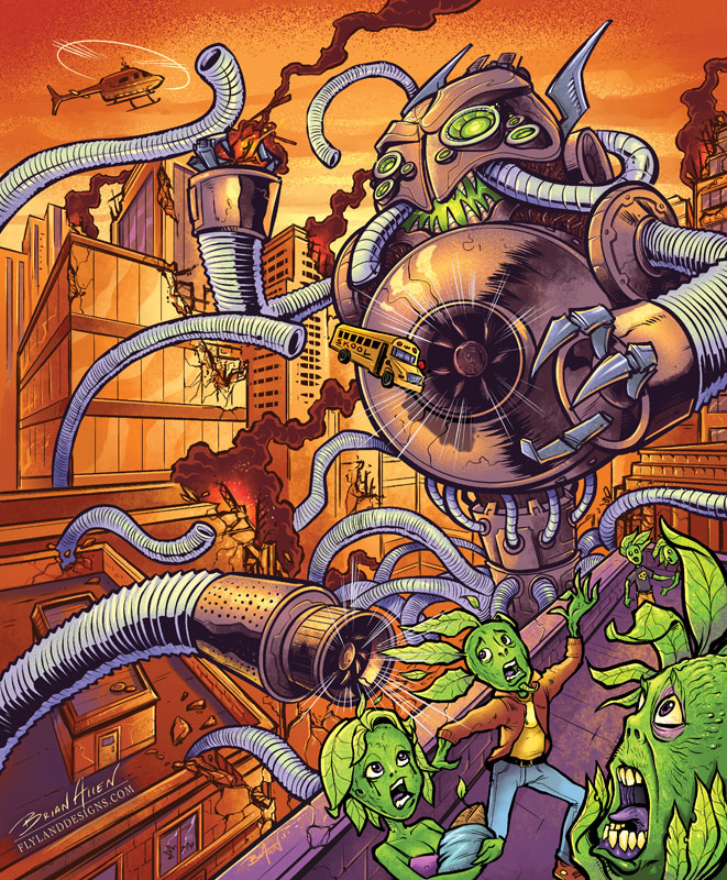 Editorial illustration of a giant robot attacking a city of plant people