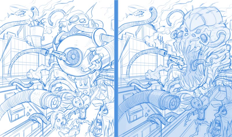 Editorial illustration of a giant robot attacking a city of plant people
