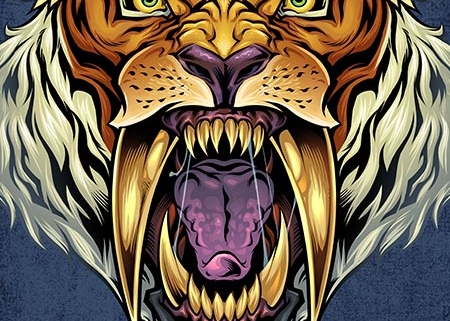 A wild, roaring sabertooth tiger