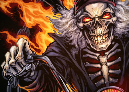 Skeleton riding through flames on a motorcycle