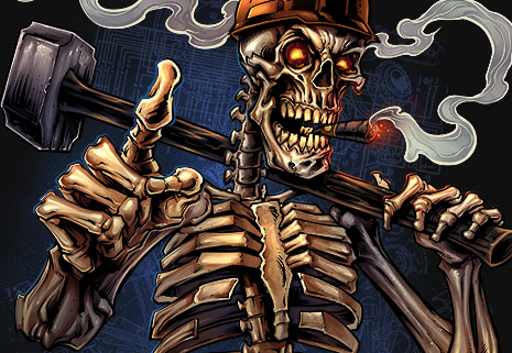 Skeleton holding a sledgehammer wearing a hard-hat.