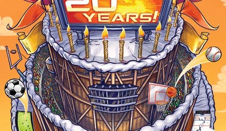 Magazine cover illustration of a giant sports stadium shaped like a birthday cake