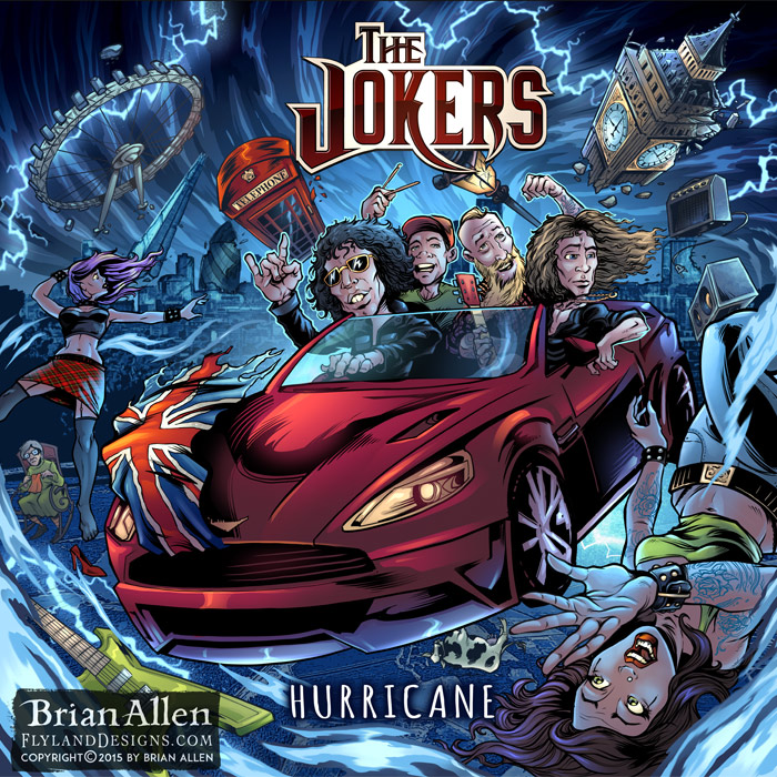 Album cover illustration of The Jokers in a hurricane and rock and roll.