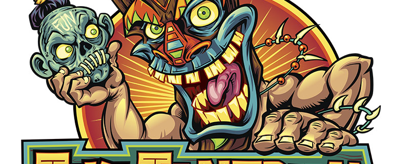 Crazy Tiki guy holding a shrunke