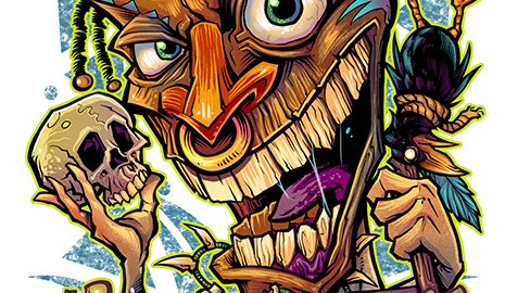 T-Shirt illustration of a tiki man witchdoctor with skull and crow