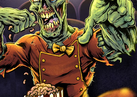 Book cover illustration of a zombie usher eating a box of buttered brains in a movie theater.